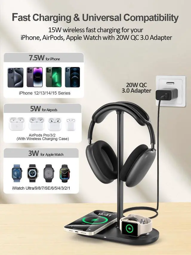 Alt view image 3 of 7 - 4 in 1 Headphone Stand for Desk with Wireless Charger & USB Charging for iPhone/AirPods/iWatch, Universal Desktop Gaming Headset Holder for Airpods Max, Bose, Beats, Razer and More, Black