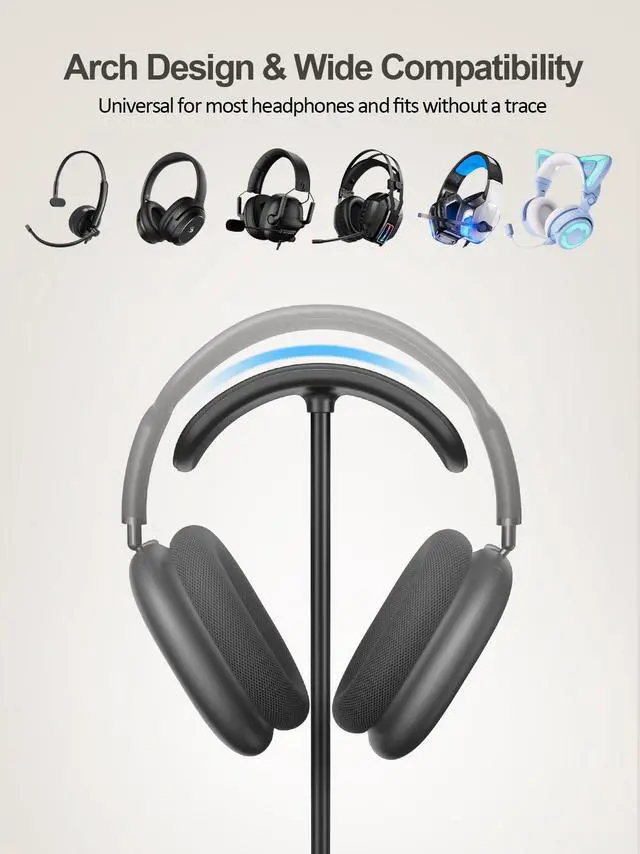 Alt view image 4 of 7 - 4 in 1 Headphone Stand for Desk with Wireless Charger & USB Charging for iPhone/AirPods/iWatch, Universal Desktop Gaming Headset Holder for Airpods Max, Bose, Beats, Razer and More, Black