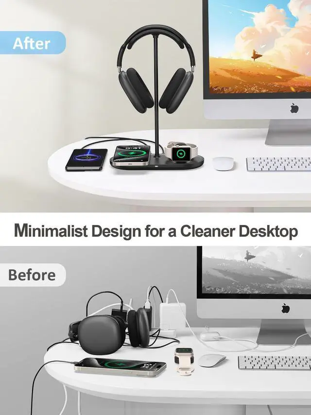 Alt view image 5 of 7 - 4 in 1 Headphone Stand for Desk with Wireless Charger & USB Charging for iPhone/AirPods/iWatch, Universal Desktop Gaming Headset Holder for Airpods Max, Bose, Beats, Razer and More, Black