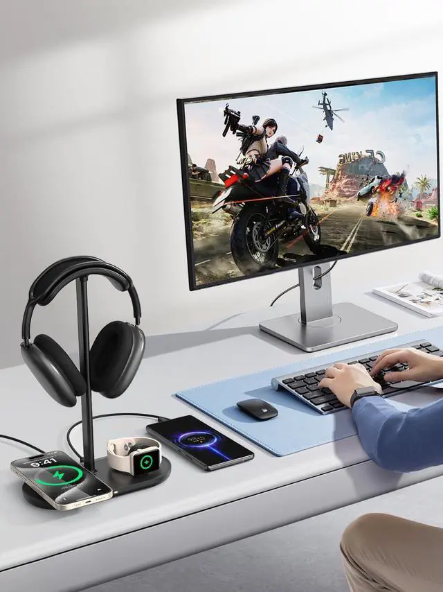Alt view image 6 of 7 - 4 in 1 Headphone Stand for Desk with Wireless Charger & USB Charging for iPhone/AirPods/iWatch, Universal Desktop Gaming Headset Holder for Airpods Max, Bose, Beats, Razer and More, Black
