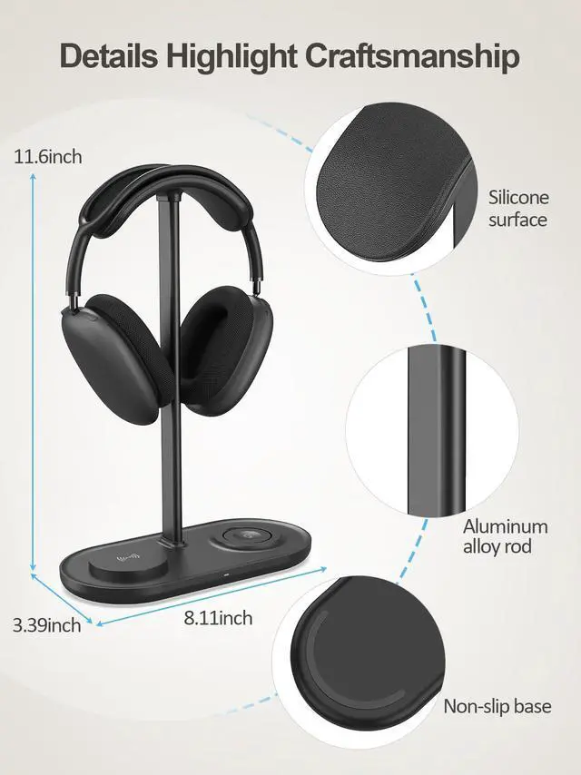 Alt view image 7 of 7 - 4 in 1 Headphone Stand for Desk with Wireless Charger & USB Charging for iPhone/AirPods/iWatch, Universal Desktop Gaming Headset Holder for Airpods Max, Bose, Beats, Razer and More, Black