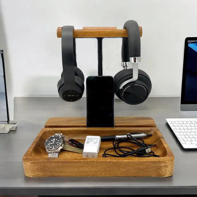 Alt view image 3 of 7 - Dual Headphone Stand, Solid Acacia Wood Headset Holder for 2 Headphones, Cell Phone & Tablet, Desk Organizer Tray for iPhone, iPad, Bose, Sony, Beats, Sennheiser, Gaming & Office Desk Setup