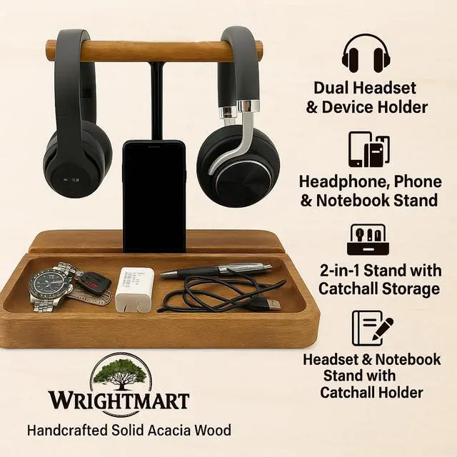 Alt view image 4 of 7 - Dual Headphone Stand, Solid Acacia Wood Headset Holder for 2 Headphones, Cell Phone & Tablet, Desk Organizer Tray for iPhone, iPad, Bose, Sony, Beats, Sennheiser, Gaming & Office Desk Setup