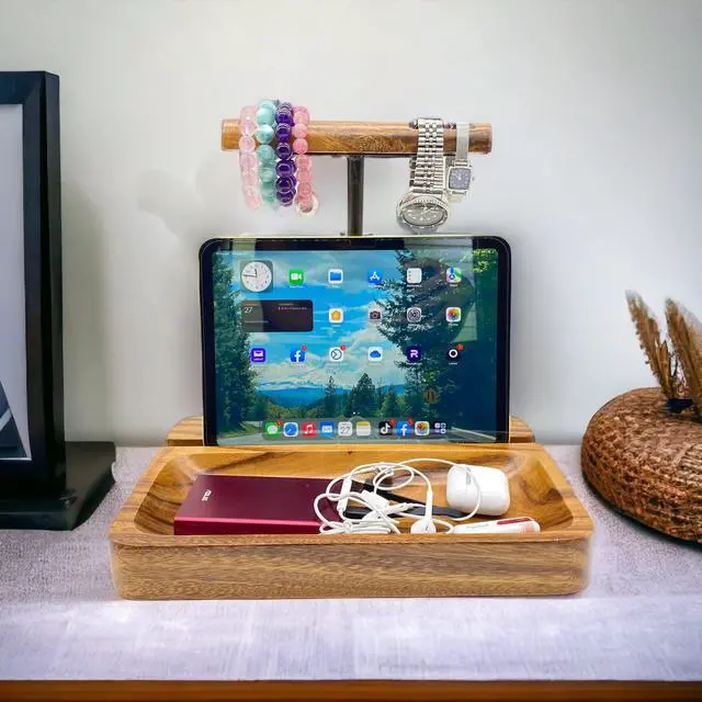 Alt view image 6 of 7 - Dual Headphone Stand, Solid Acacia Wood Headset Holder for 2 Headphones, Cell Phone & Tablet, Desk Organizer Tray for iPhone, iPad, Bose, Sony, Beats, Sennheiser, Gaming & Office Desk Setup