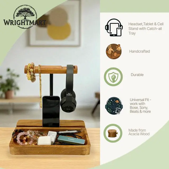 Alt view image 7 of 7 - Dual Headphone Stand, Solid Acacia Wood Headset Holder for 2 Headphones, Cell Phone & Tablet, Desk Organizer Tray for iPhone, iPad, Bose, Sony, Beats, Sennheiser, Gaming & Office Desk Setup