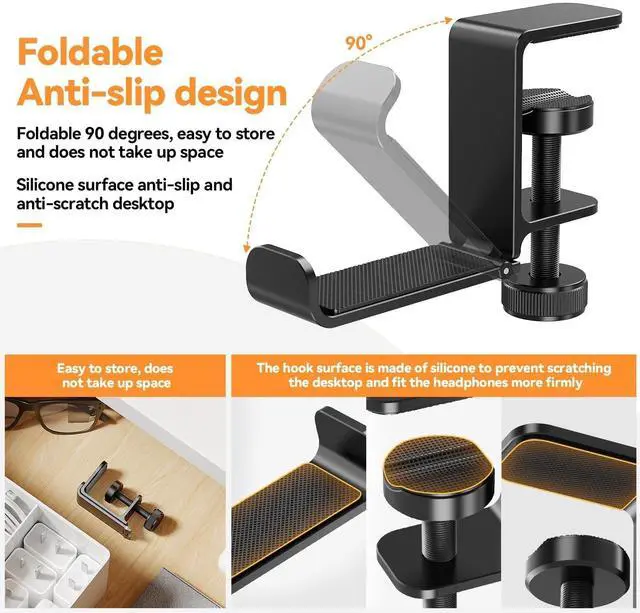 Alt view image 3 of 6 - Headphone Hanger Holder Stand -Under Desk Headphone Hanger Headset Hook Holder with FoldableSpace-Saving Aluminum Stand with Universal Fit for Gaming PC Accessories (Black-1PCS)