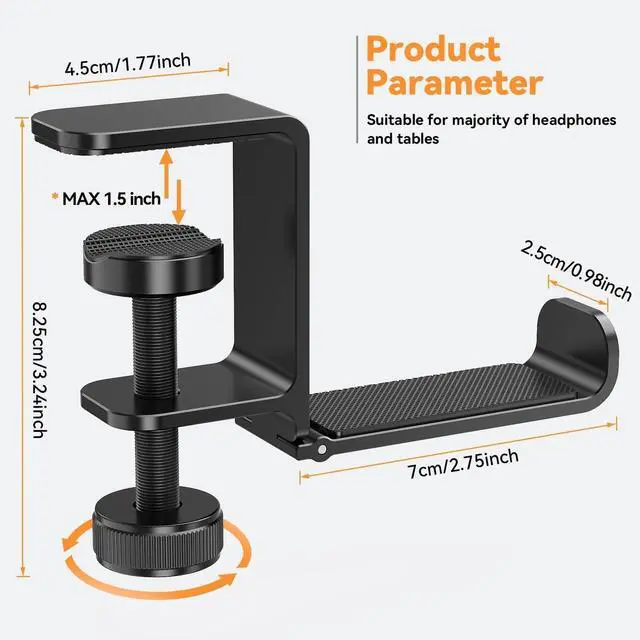Alt view image 6 of 6 - Headphone Hanger Holder Stand -Under Desk Headphone Hanger Headset Hook Holder with FoldableSpace-Saving Aluminum Stand with Universal Fit for Gaming PC Accessories (Black-1PCS)
