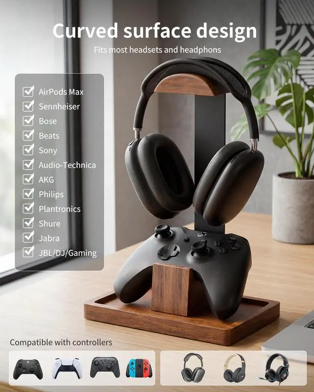 Alt view image 2 of 6 - Headphone Stand and Controller Holder, 2-in-1 Walnut Wood Gaming Desk Organizer Compatible with Controllers, Display Mount for AirPods Max, Bose, Sennheiser, Gift for Gamers