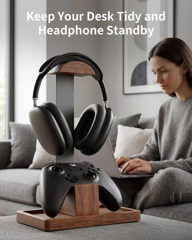 Alt view image 3 of 6 - Headphone Stand and Controller Holder, 2-in-1 Walnut Wood Gaming Desk Organizer Compatible with Controllers, Display Mount for AirPods Max, Bose, Sennheiser, Gift for Gamers