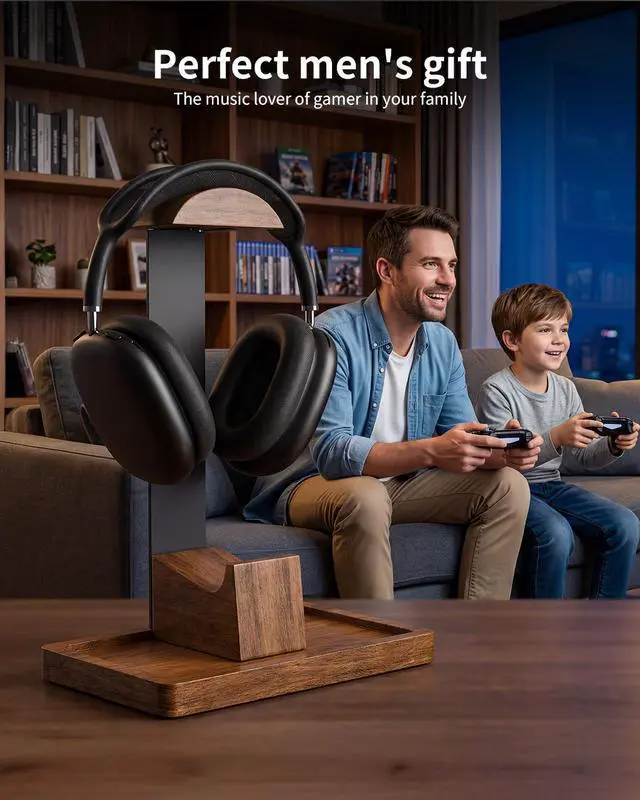 Alt view image 6 of 6 - Headphone Stand and Controller Holder, 2-in-1 Walnut Wood Gaming Desk Organizer Compatible with Controllers, Display Mount for AirPods Max, Bose, Sennheiser, Gift for Gamers