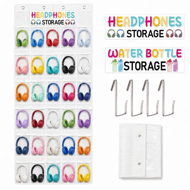Main image of Classroom Headphone Storage Organizer Over the Door Hanging Headphone Storage Bag 30 Clear Organizer Holder Pockets with 2 Stickers 4 Hooks for School Cell Phone Calculators Organization Supplies