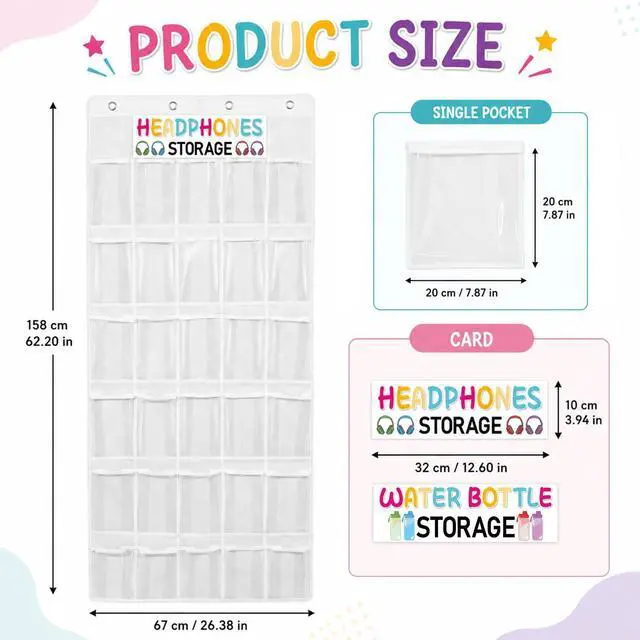 Alt view image 2 of 7 - Classroom Headphone Storage Organizer Over the Door Hanging Headphone Storage Bag 30 Clear Organizer Holder Pockets with 2 Stickers 4 Hooks for School Cell Phone Calculators Organization Supplies