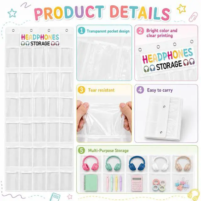 Alt view image 3 of 7 - Classroom Headphone Storage Organizer Over the Door Hanging Headphone Storage Bag 30 Clear Organizer Holder Pockets with 2 Stickers 4 Hooks for School Cell Phone Calculators Organization Supplies
