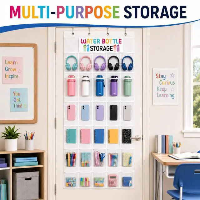 Alt view image 4 of 7 - Classroom Headphone Storage Organizer Over the Door Hanging Headphone Storage Bag 30 Clear Organizer Holder Pockets with 2 Stickers 4 Hooks for School Cell Phone Calculators Organization Supplies