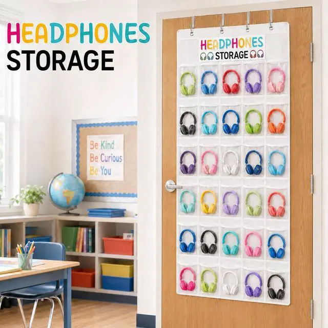 Alt view image 5 of 7 - Classroom Headphone Storage Organizer Over the Door Hanging Headphone Storage Bag 30 Clear Organizer Holder Pockets with 2 Stickers 4 Hooks for School Cell Phone Calculators Organization Supplies