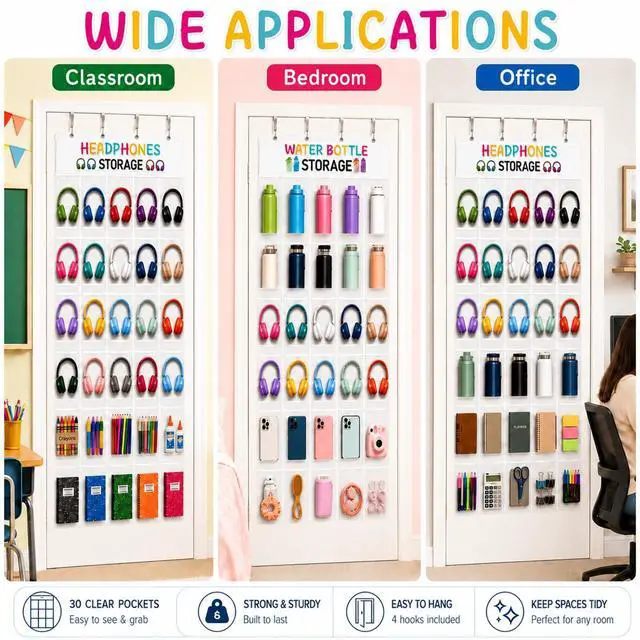 Alt view image 6 of 7 - Classroom Headphone Storage Organizer Over the Door Hanging Headphone Storage Bag 30 Clear Organizer Holder Pockets with 2 Stickers 4 Hooks for School Cell Phone Calculators Organization Supplies