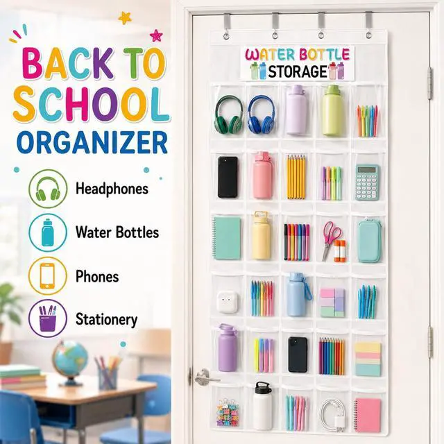 Alt view image 7 of 7 - Classroom Headphone Storage Organizer Over the Door Hanging Headphone Storage Bag 30 Clear Organizer Holder Pockets with 2 Stickers 4 Hooks for School Cell Phone Calculators Organization Supplies