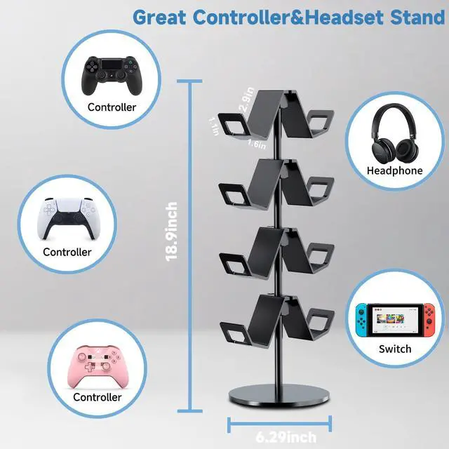 Alt view image 3 of 6 - Controller Holder 4 Tier,Headphone Stand - Adjustable Headset Holder for Xbox PS5 PS4 Switch Pro - Gaming Accessories Storage for Gamer,Desk/Floor(Black)
