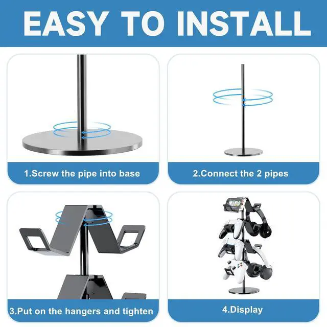 Alt view image 4 of 6 - Controller Holder 4 Tier,Headphone Stand - Adjustable Headset Holder for Xbox PS5 PS4 Switch Pro - Gaming Accessories Storage for Gamer,Desk/Floor(Black)