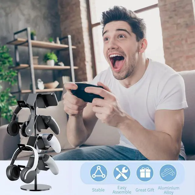 Alt view image 6 of 6 - Controller Holder 4 Tier,Headphone Stand - Adjustable Headset Holder for Xbox PS5 PS4 Switch Pro - Gaming Accessories Storage for Gamer,Desk/Floor(Black)