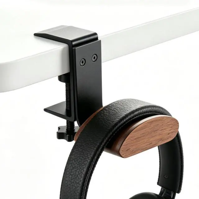 Main image of Headphone Holder Walnut Wood & Solid Metal Headset Hanger Stand for Desk Adjustable Design Ideal Headphone Stand for All Headphone Sizes