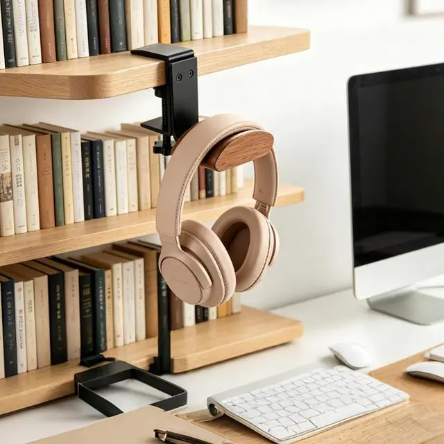 Alt view image 6 of 7 - Headphone Holder Walnut Wood & Solid Metal Headset Hanger Stand for Desk Adjustable Design Ideal Headphone Stand for All Headphone Sizes