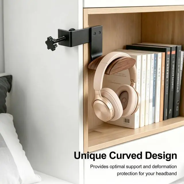 Alt view image 5 of 7 - Headphone Holder Walnut Wood & Solid Metal Headset Hanger Stand for Desk Adjustable Design Ideal Headphone Stand for All Headphone Sizes