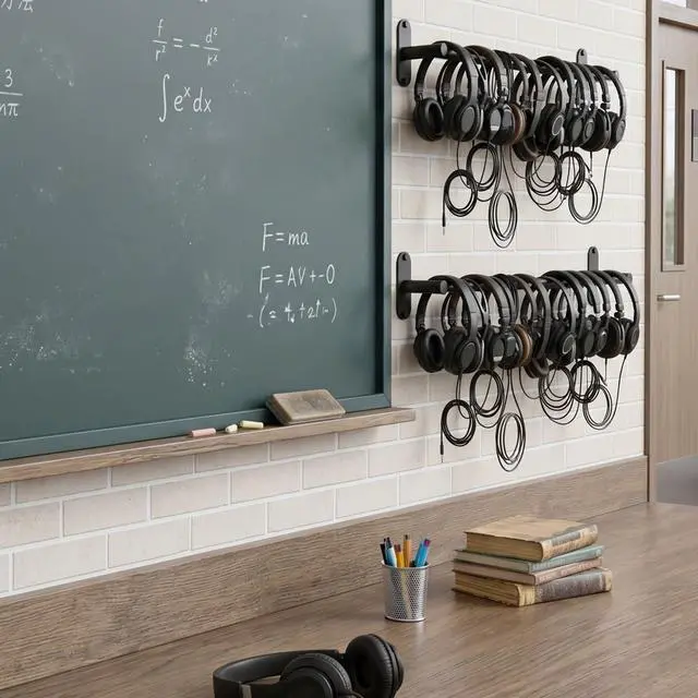 Alt view image 5 of 6 - 2 Pack Classroom Headphone Holder Wall Mount, Adjustable Metal Headset Hanger 14.4"-25.2", Black Adhesive & Screw Headphone Hook for Classroom, Library, Office and Bedroom