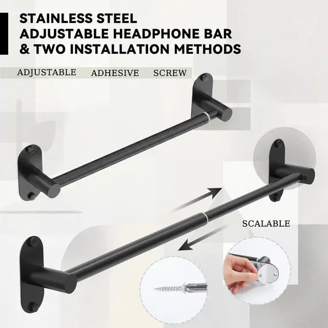 Alt view image 4 of 6 - 2 Pack Classroom Headphone Holder Wall Mount, Adjustable Metal Headset Hanger 14.4"-25.2", Black Adhesive & Screw Headphone Hook for Classroom, Library, Office and Bedroom