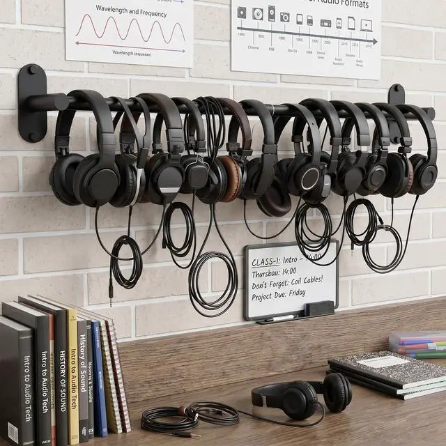 Alt view image 6 of 6 - 2 Pack Classroom Headphone Holder Wall Mount, Adjustable Metal Headset Hanger 14.4"-25.2", Black Adhesive & Screw Headphone Hook for Classroom, Library, Office and Bedroom