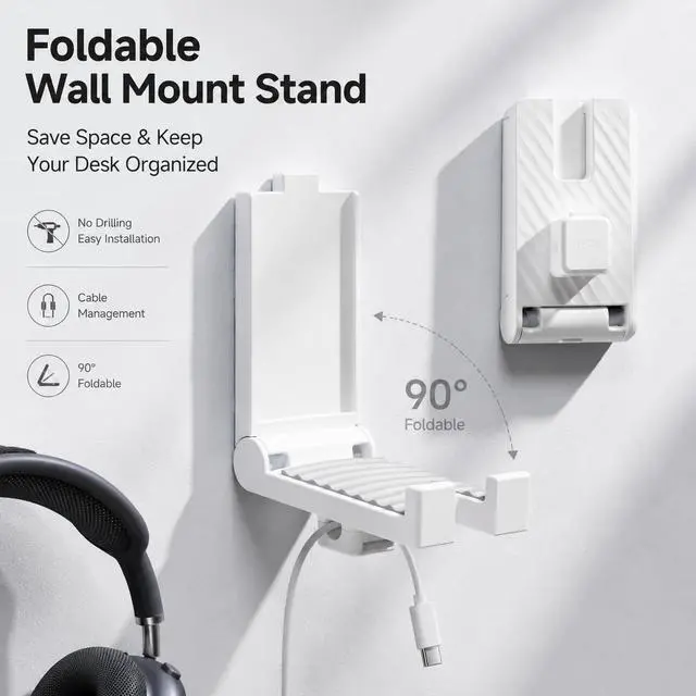 Alt view image 2 of 7 - Headphone Holder Wall Mount, Foldable Adhesive Headset Hanger with Cable Management, No-Drill Wall Mount Stand for Gaming Headsets, Controllers & Desk Organization