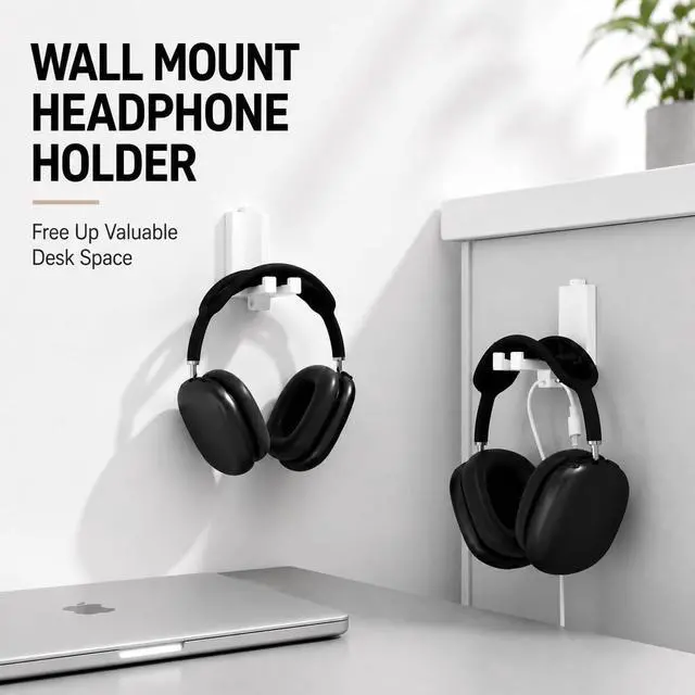 Alt view image 3 of 7 - Headphone Holder Wall Mount, Foldable Adhesive Headset Hanger with Cable Management, No-Drill Wall Mount Stand for Gaming Headsets, Controllers & Desk Organization