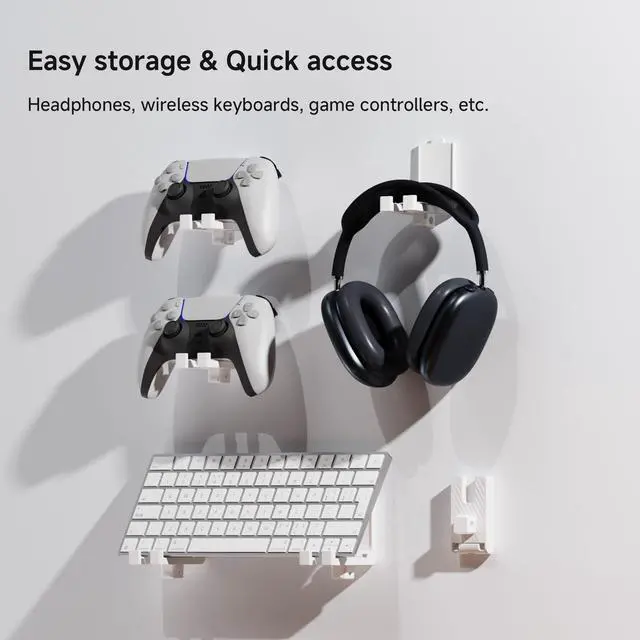 Alt view image 5 of 7 - Headphone Holder Wall Mount, Foldable Adhesive Headset Hanger with Cable Management, No-Drill Wall Mount Stand for Gaming Headsets, Controllers & Desk Organization