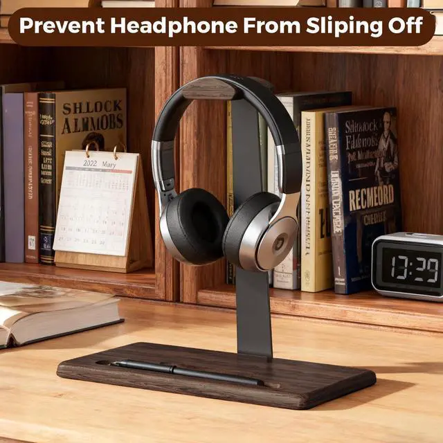 Alt view image 2 of 6 - Walnut Headset Stand for Desk with Phone Holder | Headphone Stand Headphone Holder (Dark Walnut)