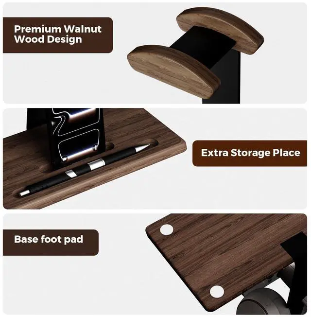 Alt view image 3 of 6 - Walnut Headset Stand for Desk with Phone Holder | Headphone Stand Headphone Holder (Dark Walnut)