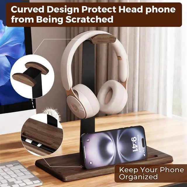 Alt view image 4 of 6 - Walnut Headset Stand for Desk with Phone Holder | Headphone Stand Headphone Holder (Dark Walnut)