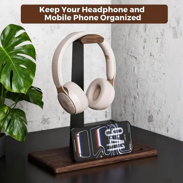 Alt view image 6 of 6 - Walnut Headset Stand for Desk with Phone Holder | Headphone Stand Headphone Holder (Dark Walnut)