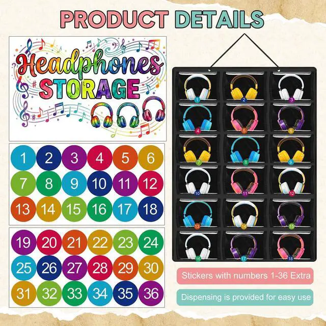 Alt view image 3 of 6 - 2 Pack Classroom Headphone Storage Organizer with 36 Pocket over The Door Hanging Clear PVC Pockets Holder Side Chart Storage Bag with Digital Stickers for Library Cell Phones, Calculators