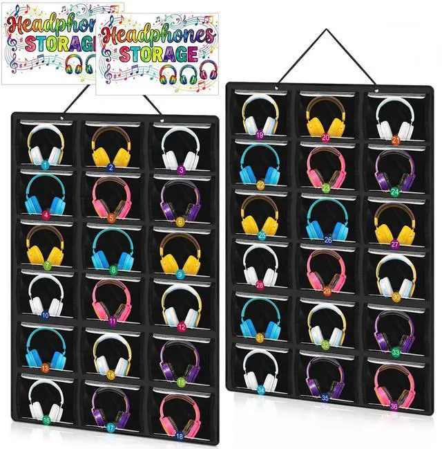 Main image of 2 Pack Classroom Headphone Storage Organizer with 36 Pocket over The Door Hanging Clear PVC Pockets Holder Side Chart Storage Bag with Digital Stickers for Library Cell Phones, Calculators