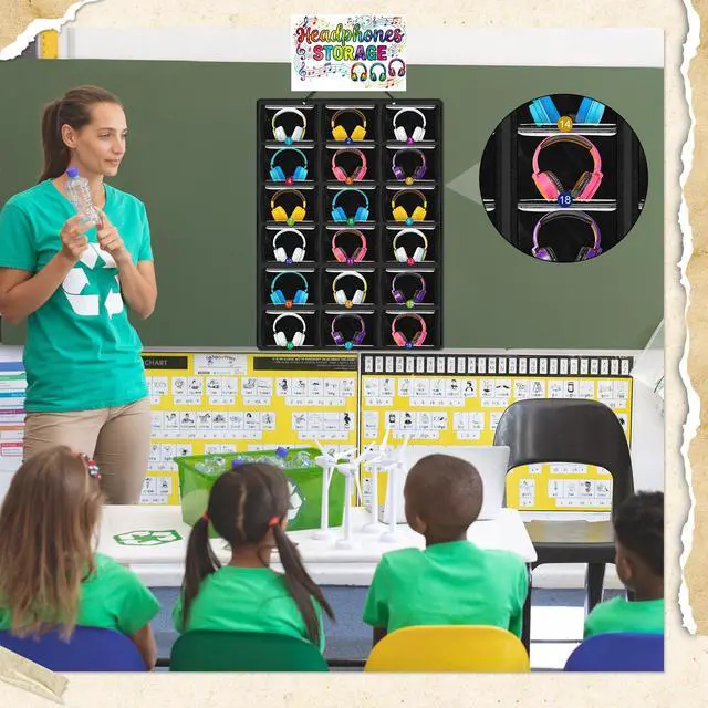 Alt view image 4 of 6 - 2 Pack Classroom Headphone Storage Organizer with 36 Pocket over The Door Hanging Clear PVC Pockets Holder Side Chart Storage Bag with Digital Stickers for Library Cell Phones, Calculators