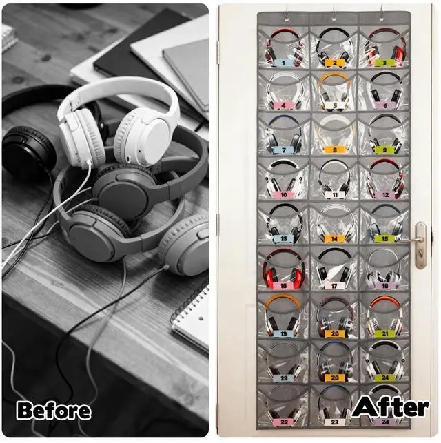 Alt view image 4 of 7 - 2 Pcs Headphone Storage Classroom, Over The Door Hanging Classroom Headphone Storage with Name Stickers 48 PVC Clear Organizer Holder Pockets with 6 Hooks for Library School Cell Phone Calculator