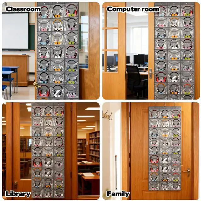 Alt view image 5 of 7 - 2 Pcs Headphone Storage Classroom, Over The Door Hanging Classroom Headphone Storage with Name Stickers 48 PVC Clear Organizer Holder Pockets with 6 Hooks for Library School Cell Phone Calculator