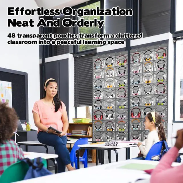 Alt view image 6 of 7 - 2 Pcs Headphone Storage Classroom, Over The Door Hanging Classroom Headphone Storage with Name Stickers 48 PVC Clear Organizer Holder Pockets with 6 Hooks for Library School Cell Phone Calculator