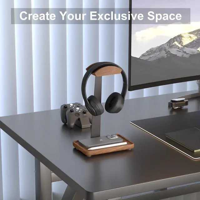 Alt view image 4 of 6 - Wooden Headphone Stand, Solid Wooden Desktop Organizer, Universal Headset Holder for desk with Storage Base for AirPods Max, Sony, Bose, Razer, Sennheiser, Gaming equipment and gaming accessories