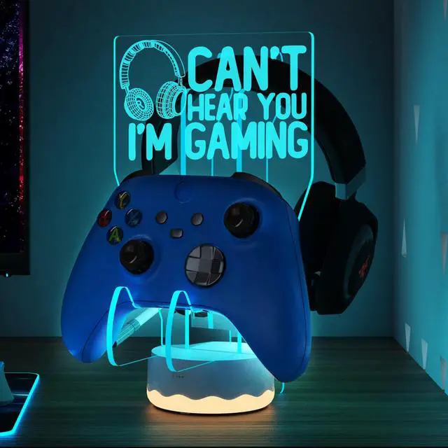 Main image of Light Up Headset and Controller Stand, 16 Colors 3D LED Lights Gamepad Headphone Holder with Remote Control, Game Controller Hanger for All Universal Gaming PC Accessories