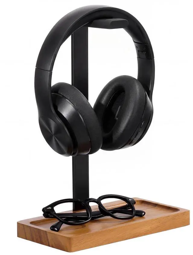 Main image of Wood Headphone Stand, Walnut Headset Stand for Desk, Universal Headphone Holder with Storage Base for Gaming, Music Headsets(Light Brown)