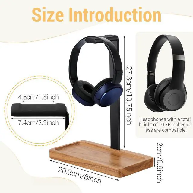 Alt view image 2 of 7 - Wood Headphone Stand, Walnut Headset Stand for Desk, Universal Headphone Holder with Storage Base for Gaming, Music Headsets(Light Brown)