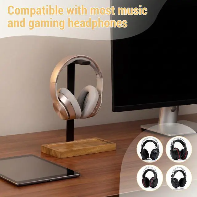 Alt view image 4 of 7 - Wood Headphone Stand, Walnut Headset Stand for Desk, Universal Headphone Holder with Storage Base for Gaming, Music Headsets(Light Brown)