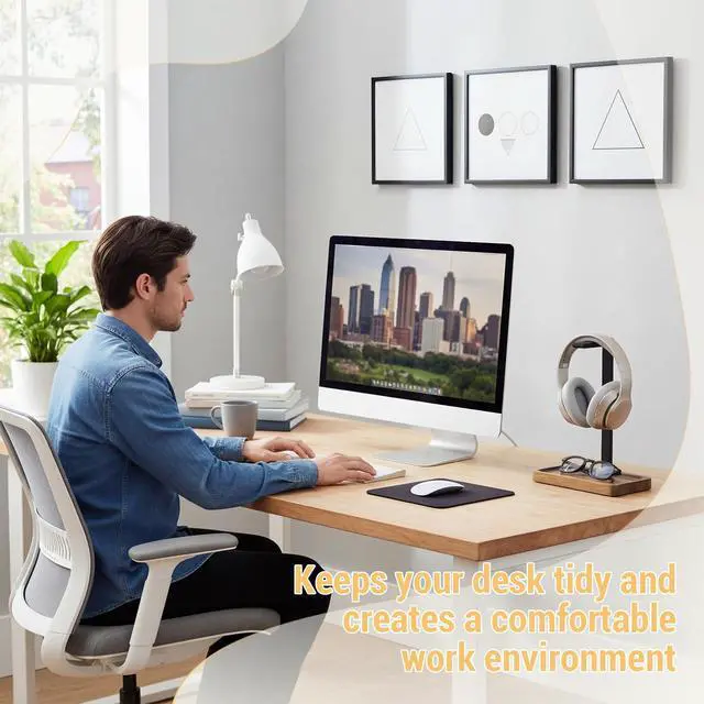 Alt view image 7 of 7 - Wood Headphone Stand, Walnut Headset Stand for Desk, Universal Headphone Holder with Storage Base for Gaming, Music Headsets(Light Brown)