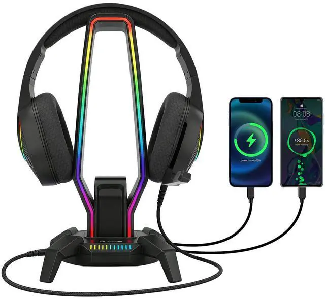 Main image of RGB Headphone Stand Data Transmission, 9 Lights Mode Headset Holder with 1 USB-C & 3 USB Ports & 1 3.5mm Jack Port, Ultimate Gaming Accessories for Gamers for PS, Xbox, PC